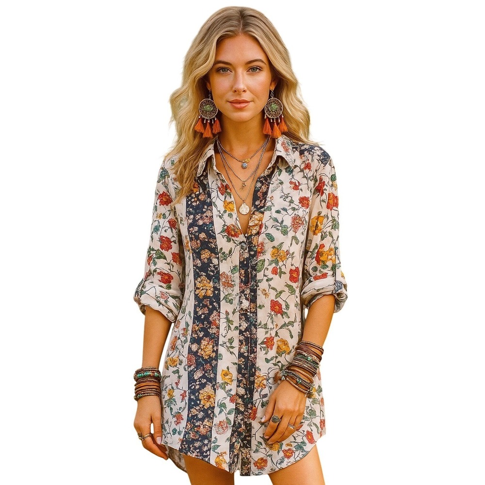 KC Khakis‎ & Co. Womens Shirt Dress Button Front Floral Boho Festival Casual S